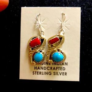 Navajo Turquoise, Coral & Sterling Silver Earrings